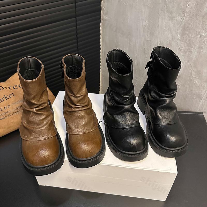 Fashion Autumn Women Boots 2025 Round Toe Chunky Platform Mid Calf Boots Fashion Retro British Style Wedges High Top Boots Botas Mujer