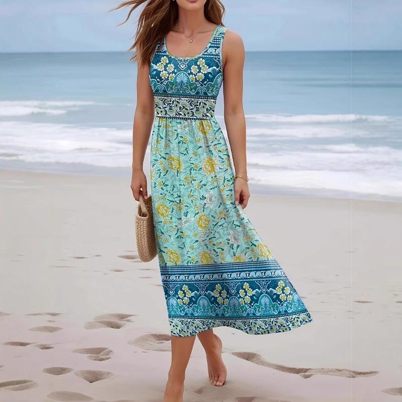 Printed dress seaside beach sleeveless vest long dress women's clothing
