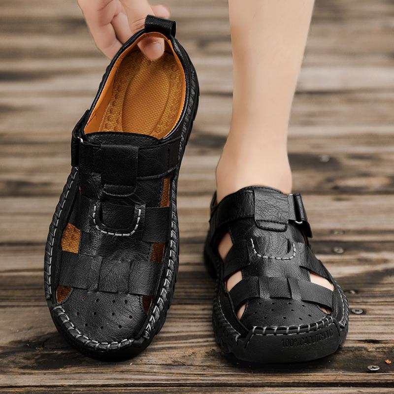 Outdoor Quick Dry Male Sandals Hand-stitching Mens Summer Shoes New Casual Leather Beach Flats Anti Collision Toe Roma Sandals
