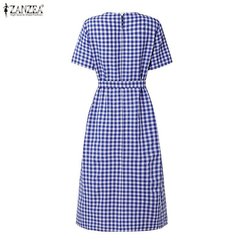 ZANZEA Damen Lässiges Rundhals-Kurzarmkleid mit Karomuster