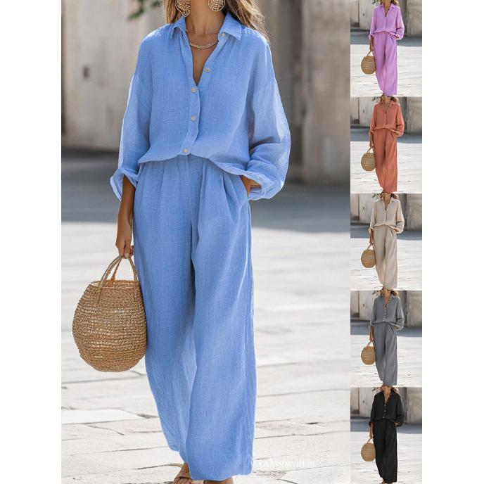 Lady Cotton Linen Shirt Pants Suits Casual Two Piece Set for Women Spring Summer Long Sleeve Top and Wide Leg Pants Loose Outfits