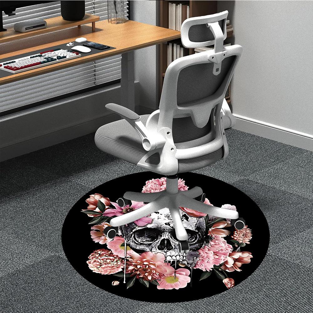1pc Skull Flowers Office Round Area Rug, Indoor Mat Suitable For Office, Under Office Chairs Bedroom Living Room Home Decor, Room Deco