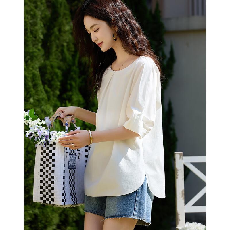 Demana Women s Pleated Sleeve Cotton Blouse with Swallowtail Hem M