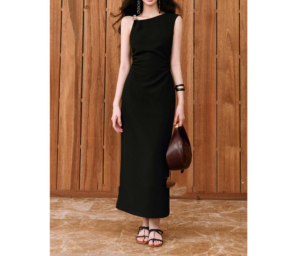 Pre-Sale Micro-Elastic Twill Dress with Metal Inlay and Asymmetric Ruched Waist