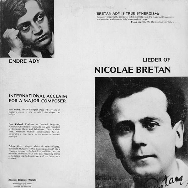

LP Record NICOLAE BRETAN Ady Lieder Of Bretan MHS3779 MUSICAL HERITA 1978 US Classical Used