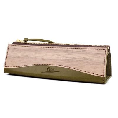 Feee Federmäppchen für Männer und Echtes Tochigi-Leder und Natürlicher Dreikant-Bleistift Hergestellt in Japan Damen, Holz, Etui, [FE-3207] (Grün (Nussbaum))