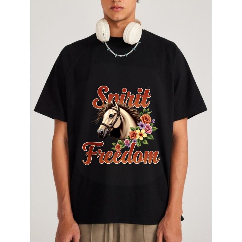 Spirit Freedom Horse Floral Print T Shirt White Men Casual Wear Outdoor Adventure Fashion Statement Top