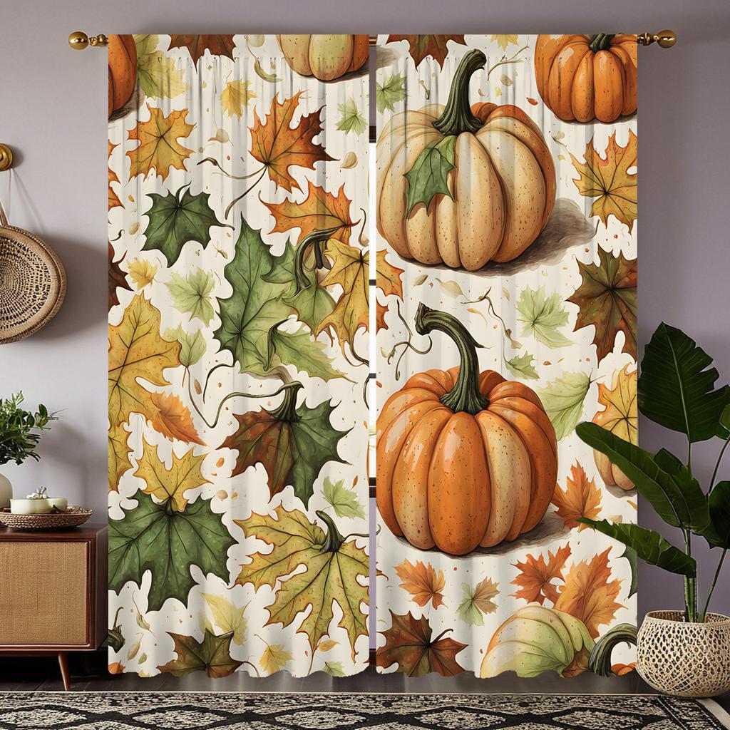 2pcs HD Harvest Festival pumpkin green Maple Leaf decorative curtain Yellow tie digital printed curtain Home Decoration style