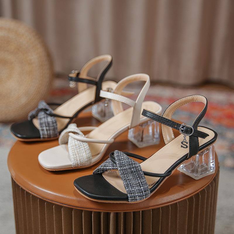 Slip-on Single Shoes  Summer New Style Crystal Bottom Thick Heel Square Toe One-word Belt Sandals for Women