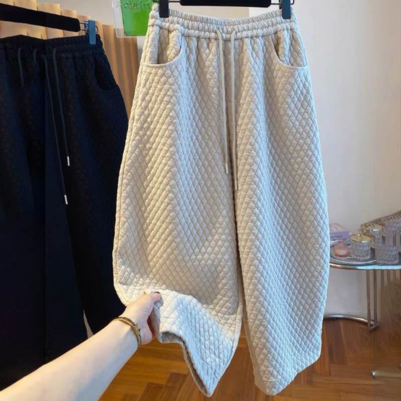 Pants for Women Plus Size Thickened Stretchy Elastic High Waist Long Trousers Solid Colour Fleece Casual Wide Leg Pants
