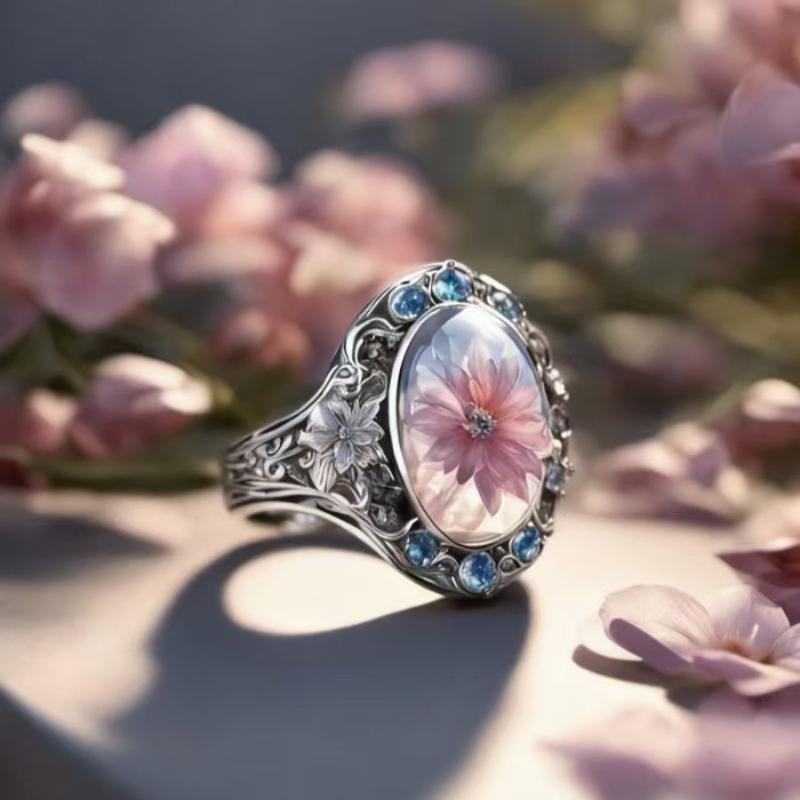 Bohemian Style CopperColor Pattern Inlaid Synthetic Zircon Flower Ring Women's Banquet Party Jewelry Accessories Gift