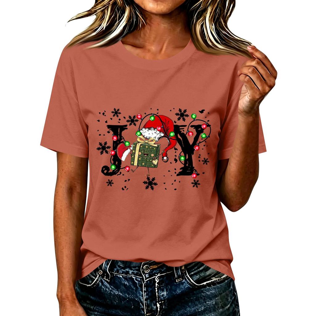 Damen Casual Weihnachten Bedrucktes Kurzarm-T-Shirt mit festlichem Feiertagsdesign