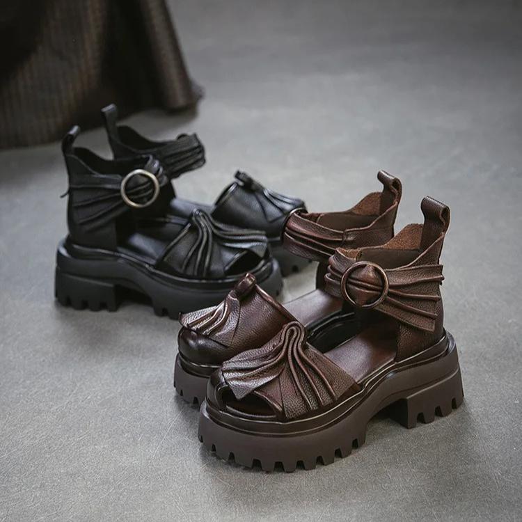 Johnature Genuine Leather Retro Pleated Thick Soled Sandals Comfortable And Breathable Women's Shoes