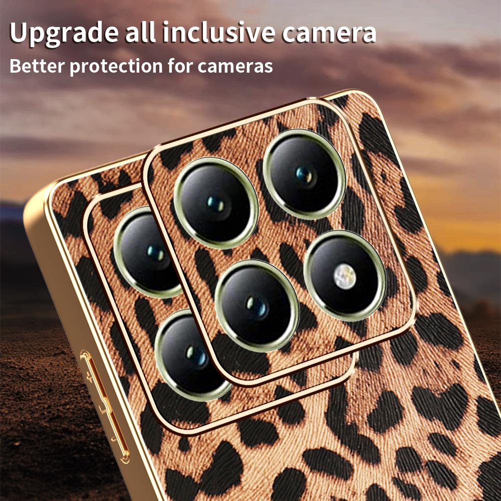 For Xiaomi 14T Case Leopard Print PU Leather Coated PC+TPU Electroplating Phone Cover