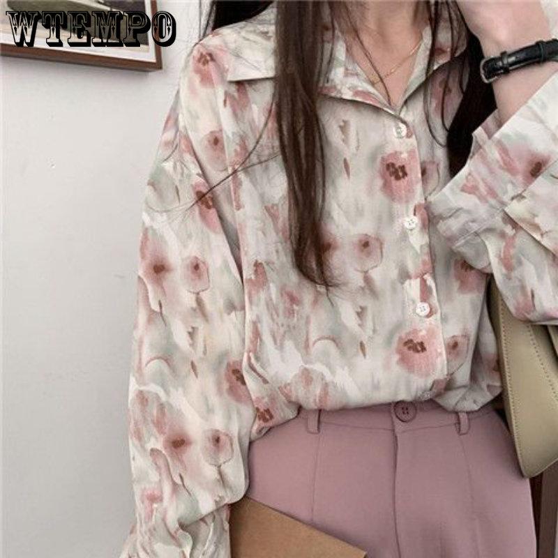 Spring and Autumn Women's Shirt Three-color Vintage Printed Chiffon Shirt Loose Lapel Oil Painting Casual Commuter Women's Top