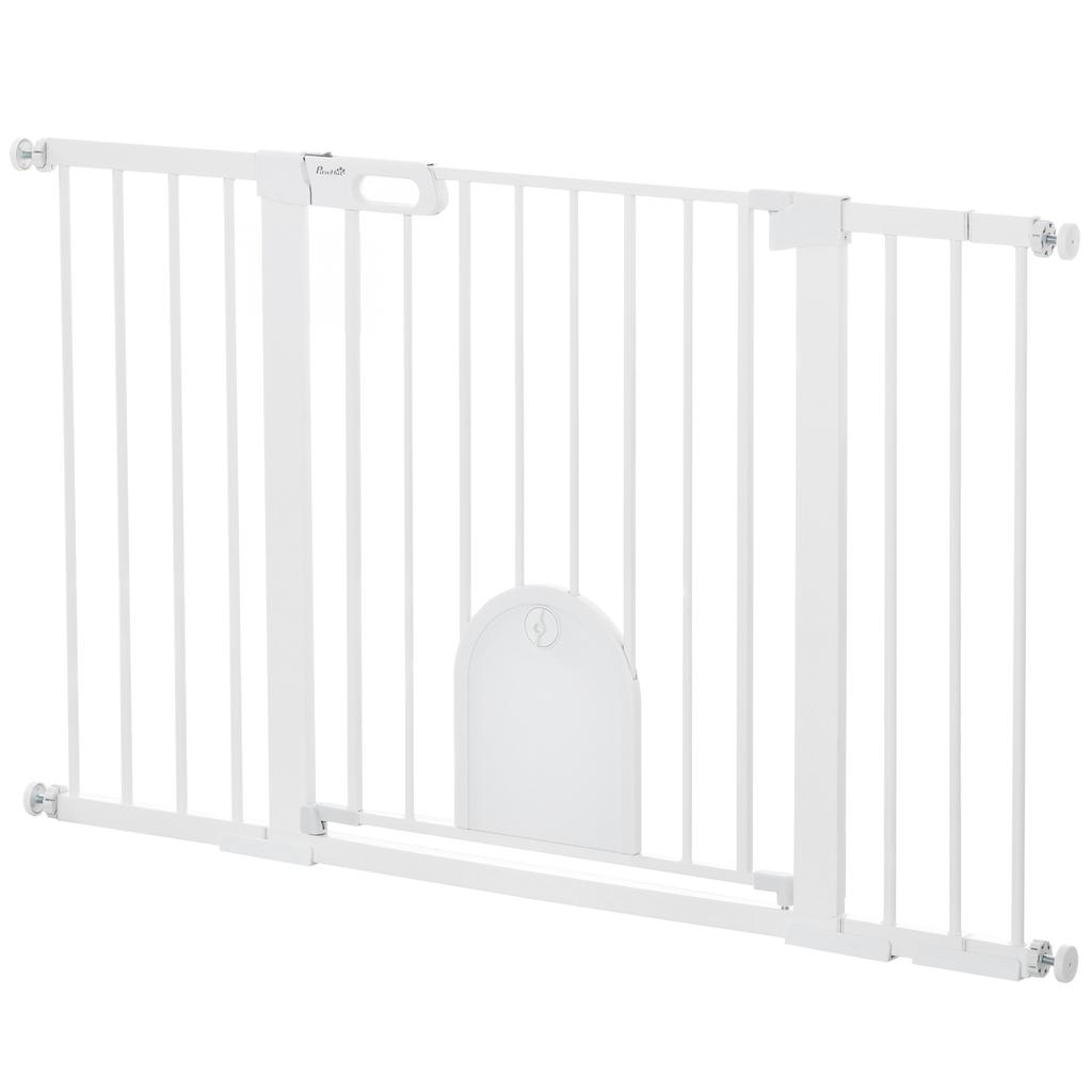 Extendable Dog Gate with Self-Closing Door, Made of Metal and ABS, 75-131x76 Cm, White