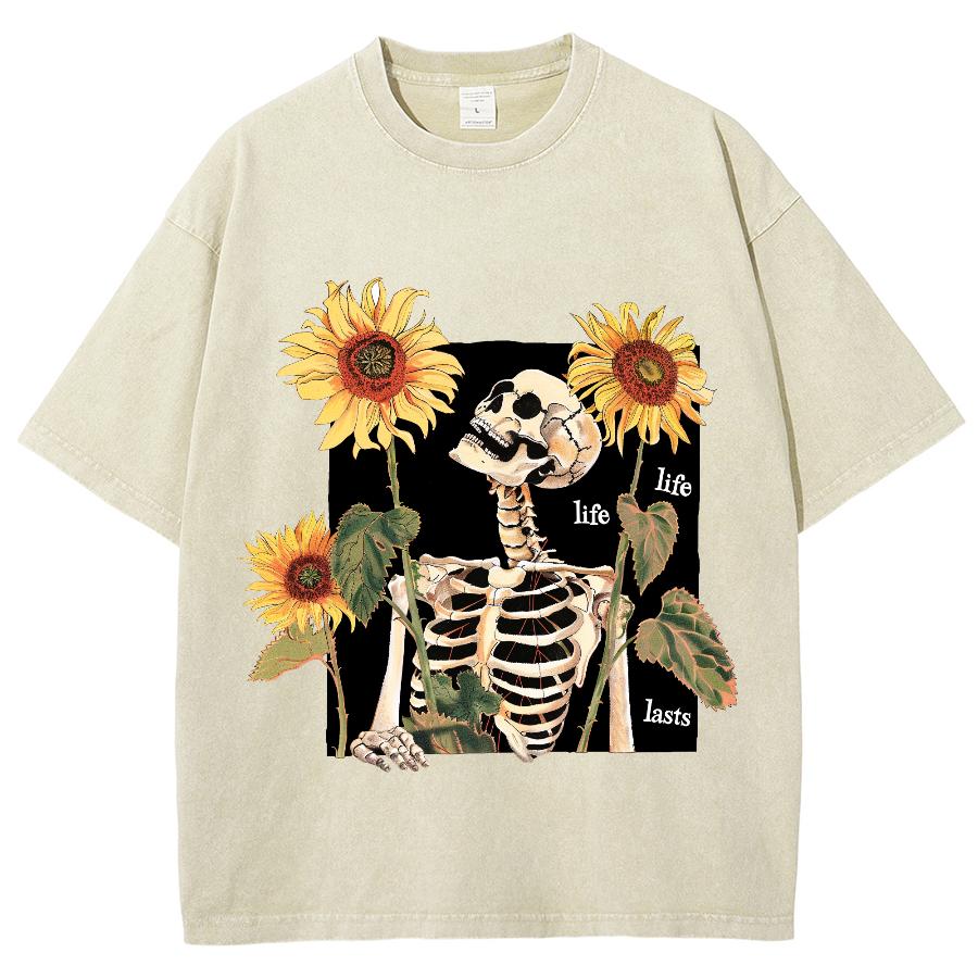Women's T-Shirt for Summer Y2K Women's Clothing Sales Oversize Skull Sunflower Print Washed Loose Top Harajuku Style