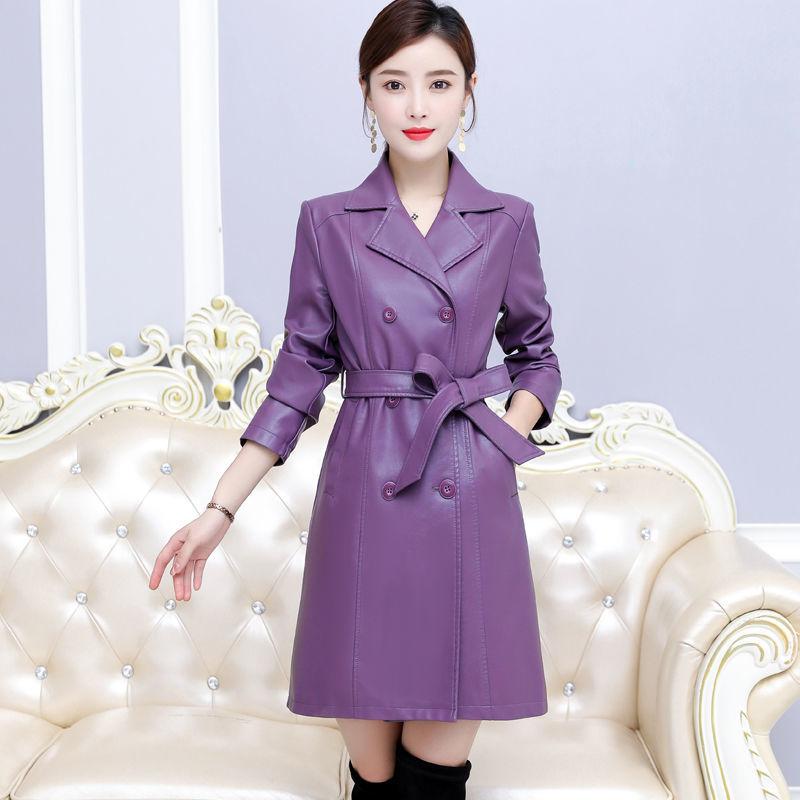 Leather Women's Mid-length Korean Slim Large Size Thicken Leather Windbreaker Jacket Women's Autumn/Winter Jacket