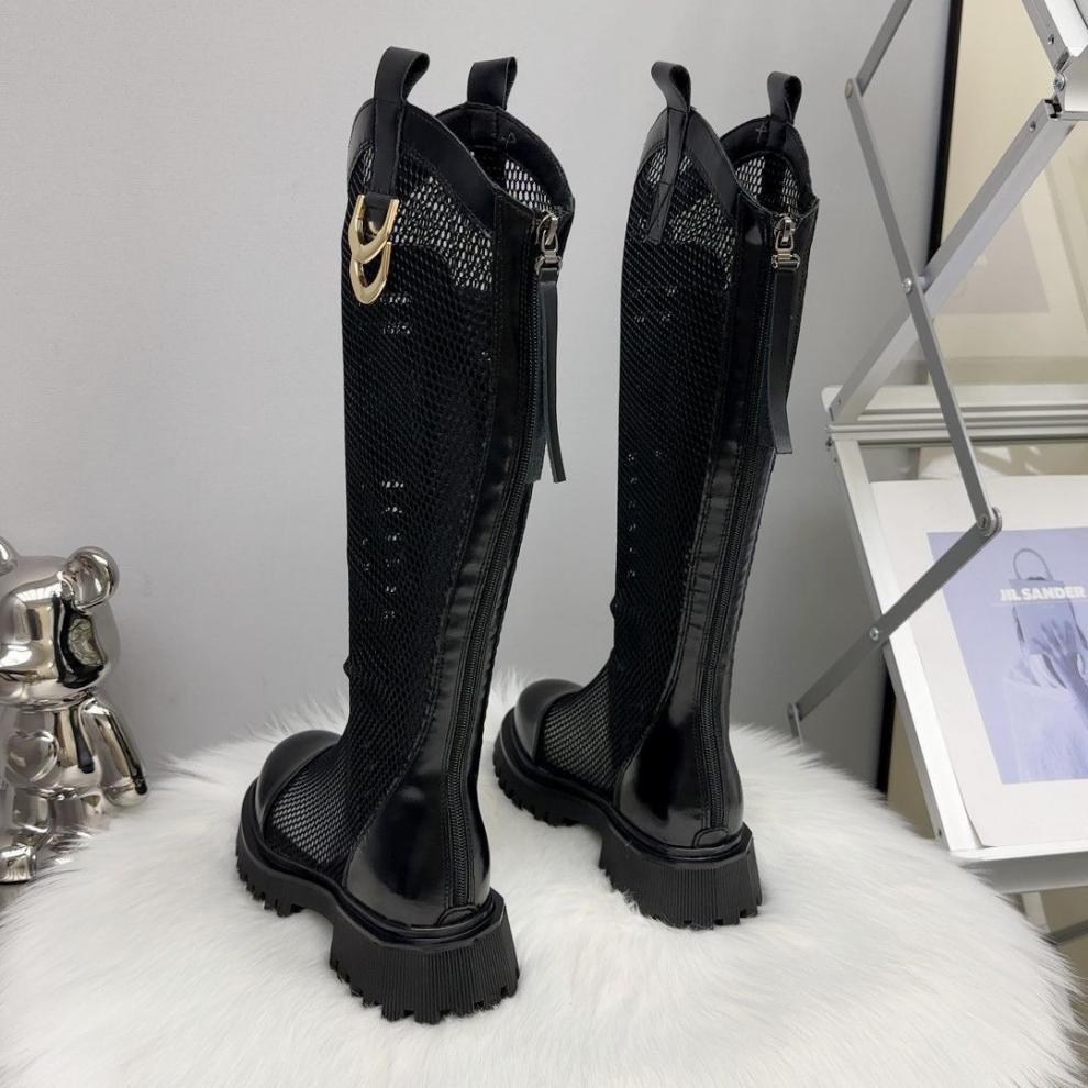 Leather Hollow Boots Women's Knee 2025 New Spring and Summer Breathable Mesh High Boots Thick-soled Thin Boots