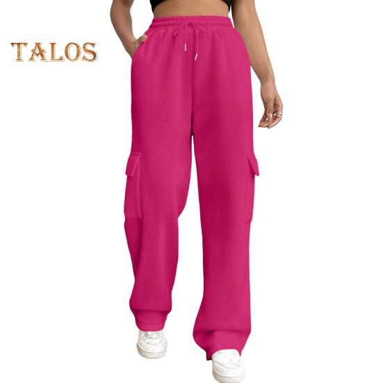 Pantaloni cargo pentru femei, cu talie elastică, cu șnur ajustabil, pantaloni drepti, cu picioare largi, pantaloni lungi sport de culoare solidă