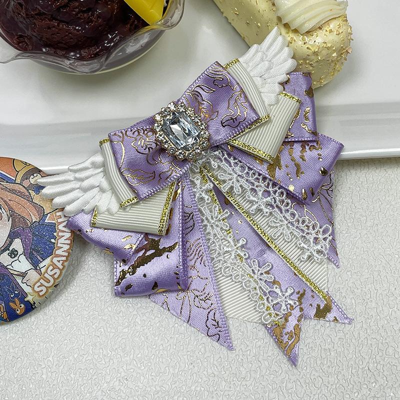 New Cosplay Anime Dance Bow Brooches for Women Fabric Lace Bowknot Crystal Shirt Dress Collar Pins Handmade Accessories