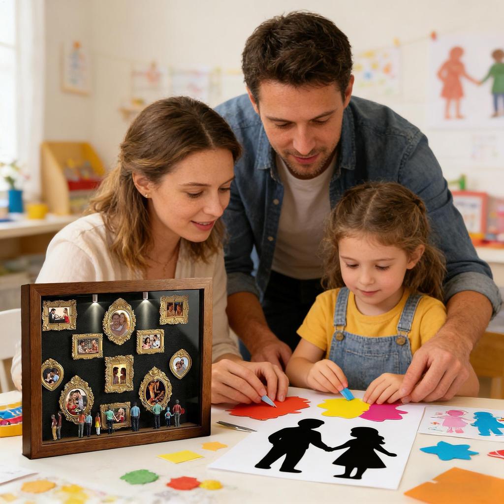 Home Ornaments Silhouette Box Memory Photo Display Case with LED Light 11 Pieces Miniature Desk Picture Frame with 8 Figurines