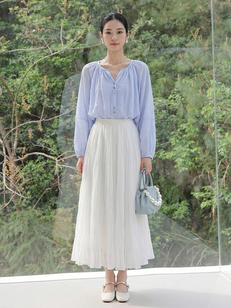 Feiyuan Women's Versatile Pleated Mesh Midi Skirt - Early Spring, Breathable, Large Hem, Commuter Style.