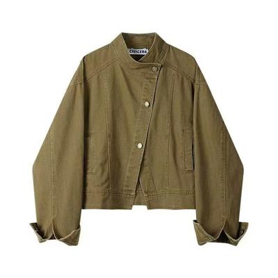 Giacca Corta Larga da Donna Autunno e Primavera, Colore Caffè Vintage, Collo Rialzato, Top alla Moda in Denim