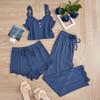 Women's 3 Piece Pajamas Set Ribbed Knit Lace Trim Cami Shorts And Pants