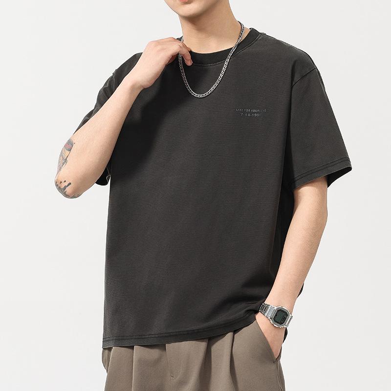 Summer Thin 250g Men's Retro Back English Design Trendy Round Neck T-shirt Short Sleeves