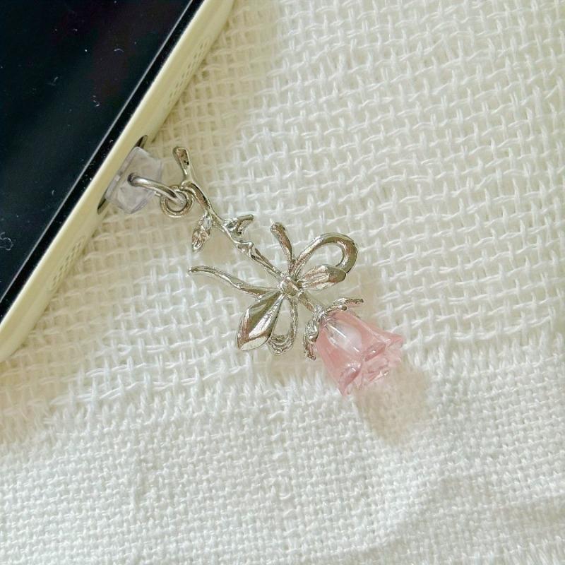 Mobile Phone Dust Plug Pink Flower Pendant Dust Plug Port Protector Compatible with Cute