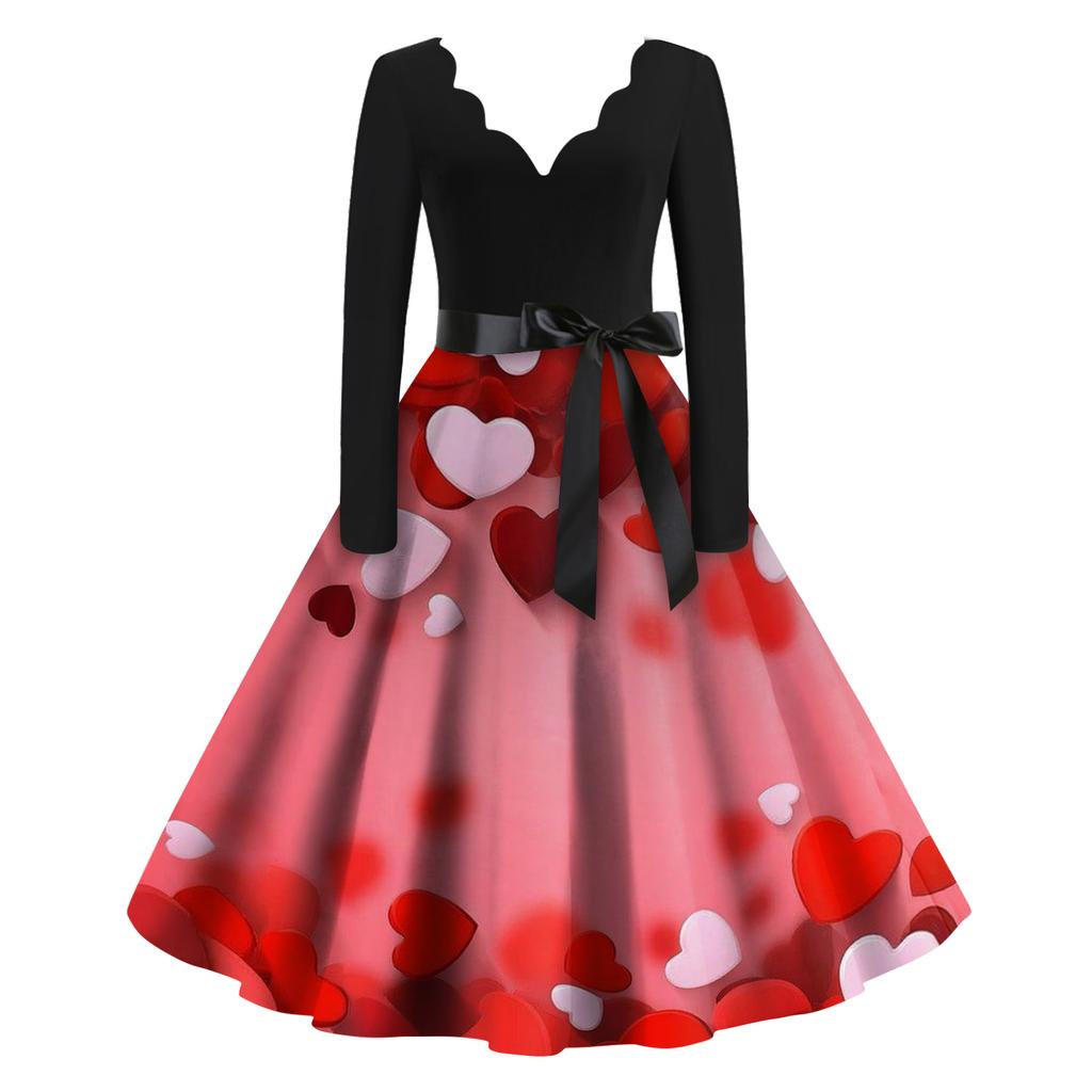 Damen Casual Mode Valentinstag Bedrucktes V-Ausschnitt Retro Langarmkleid