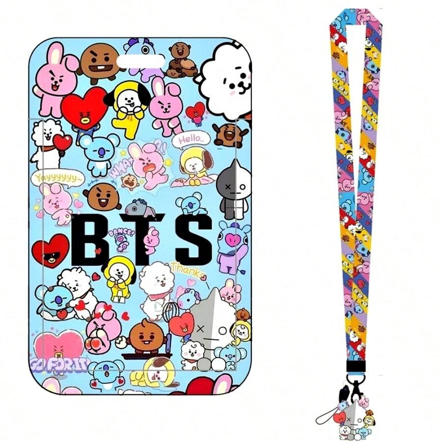 LINE FRIENDS BT21 Kpop Anime Cartoon Lanyard Key Ring with ABS Card Holder for Meal Cards Transit Cards and ID Cards