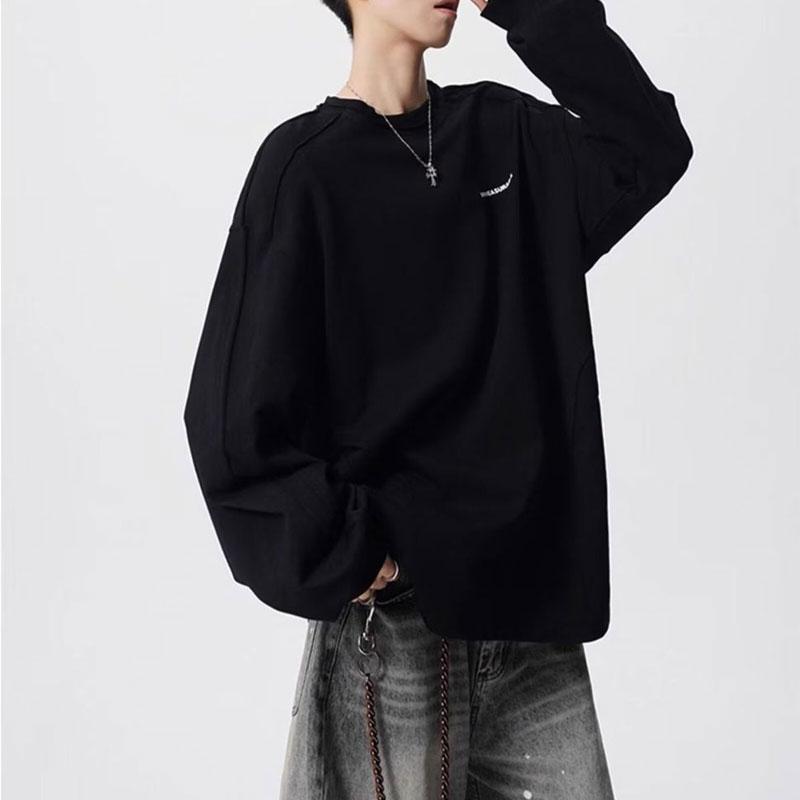 

Retro Men s Oversized Minimalist Long Sleeve T-shirt Casual Loose-fit Solid Black Basic Top XXXL чорний