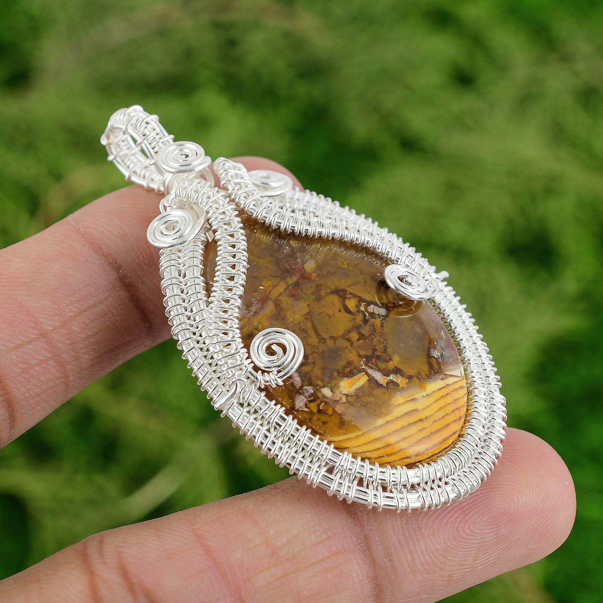 

Brecciated Mookaite Stone Wire Wrap Wife Bezel Pendant Jewelry Sterling Silver