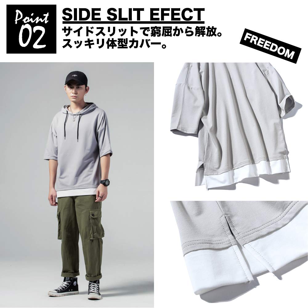 Make 2 Be Sleeve Hoodie Faux Layered Drop Shoulder Cut and Sew Size MF74 Men's 3/4 T-Shirt, Shirt, Pullover, (44.CHARCOAL_XL)