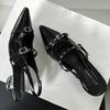 Rivet Metal Belt Buckle Design Low Heel Sandals Women Sexy Pointed Toe Patent Leather Slingbacks Round Heel Women Pumps Mules