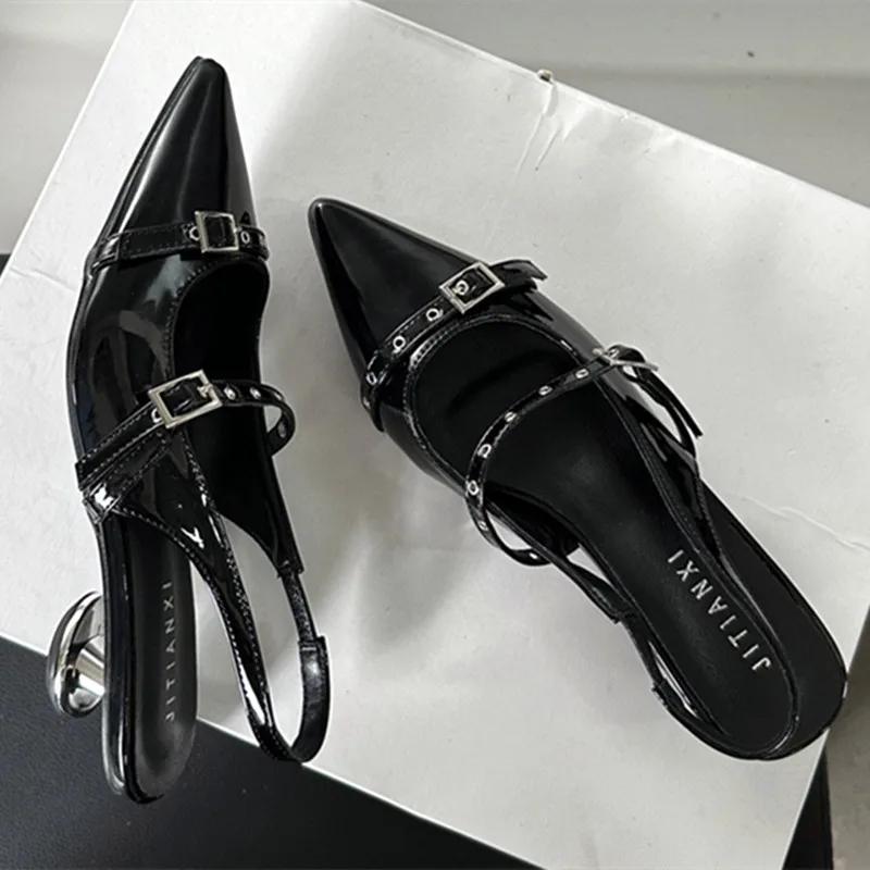 Rivet Metal Belt Buckle Design Low Heel Sandals Women Sexy Pointed Toe Patent Leather Slingbacks Round Heel Women Pumps Mules