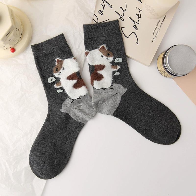 1 Pair Women's Socks Autumn Winter Letter Print Breathable Cat Ankle Socks High Quality Mid-Calf Socks Cute Cat Polyester Blend
