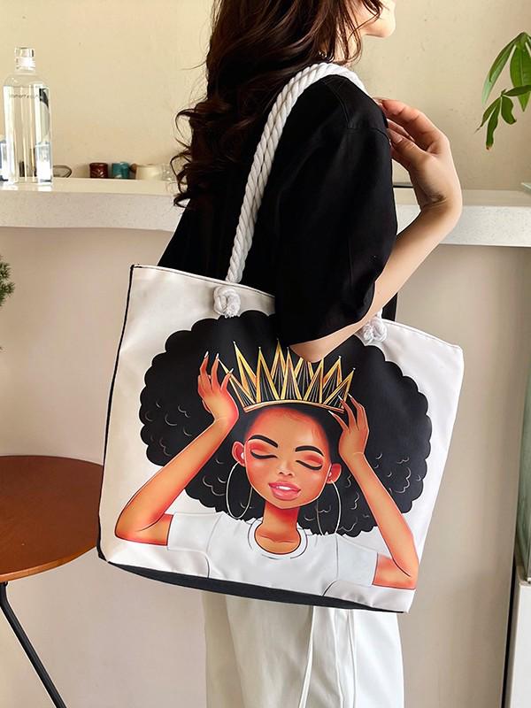 2025 Damska Duża Torba Płócienna: Stylowy nadruk, torba plażowa i na zakupy