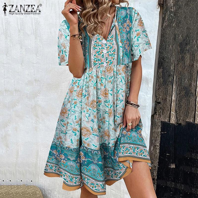 

ZANZEA Женское повседневное летнее платье с v-образным вырезом и короткими рукавами