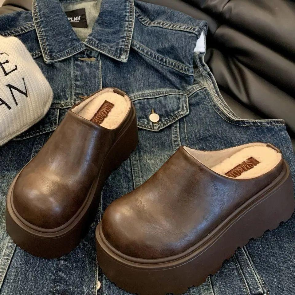 Height-increasing Thick-soled Cotton Slippers Women's Half-tow Bag Head Slippers Autumn and Winter Outer Wear 2025 New Popular Internet Celebrity Blac