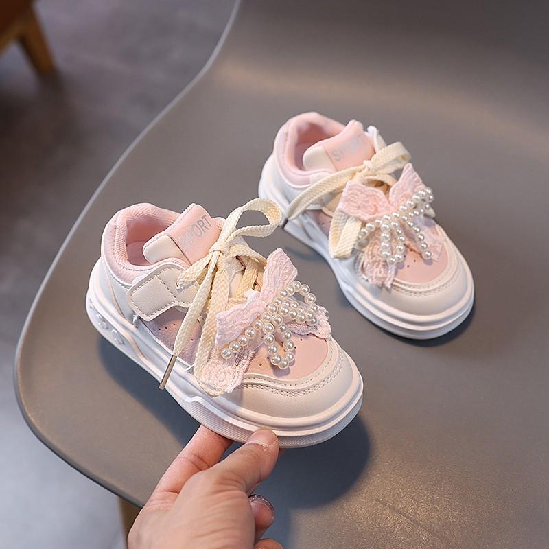 0-6 Years Old Children's Beads Bow Shoes Spring Autumn Breathable Boys Girls Board Shoes Soft Non-slip Kids Sneakers