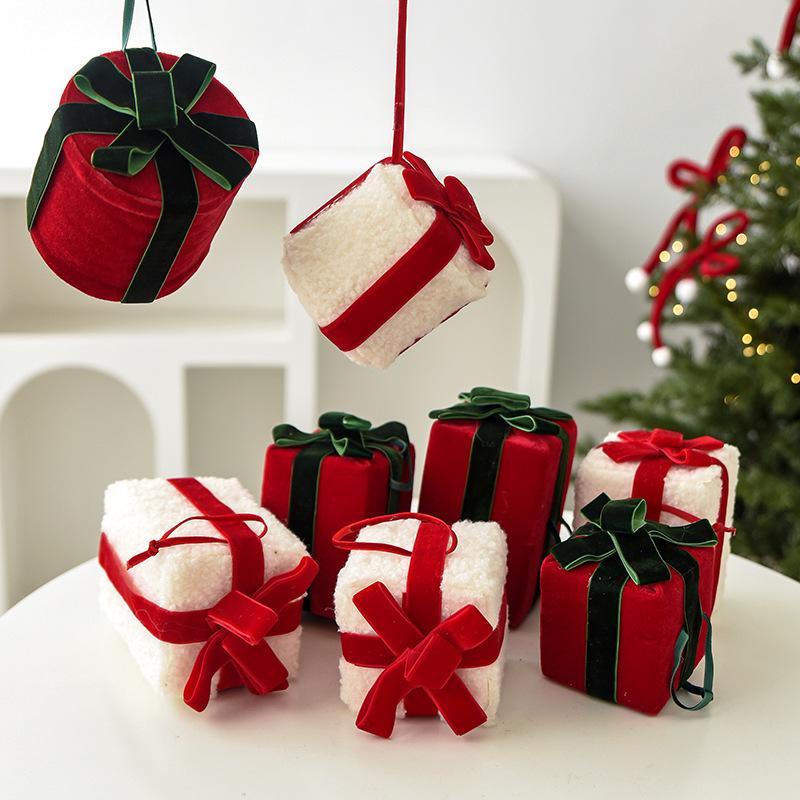 Velvet Bow Flocked Cloth Gift Box Ornament for Christmas Tree and Wall Decoration