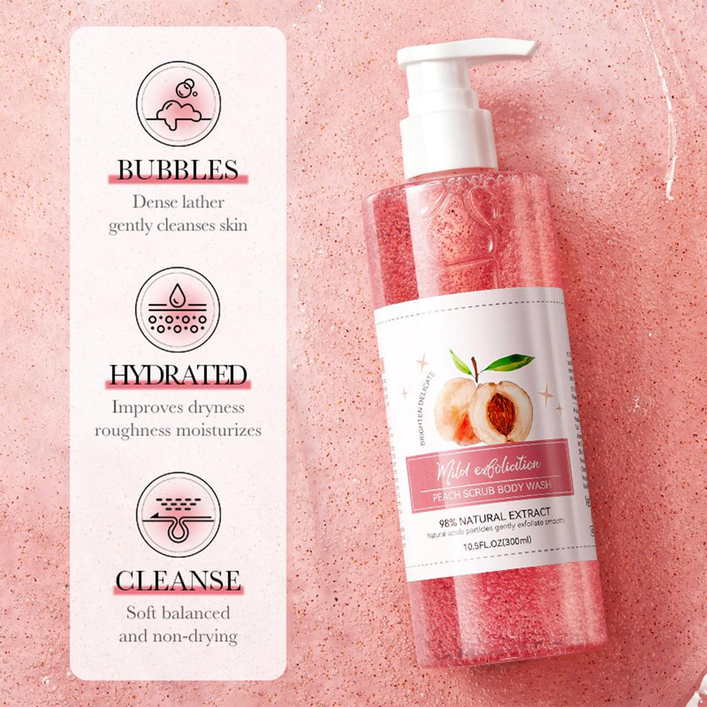 Peach Scented Body Wash and Scrub 300ml Exfoliating Formula to Refresh Skin Moisturizing Gentle Cleanser for Women Men All Skin Types