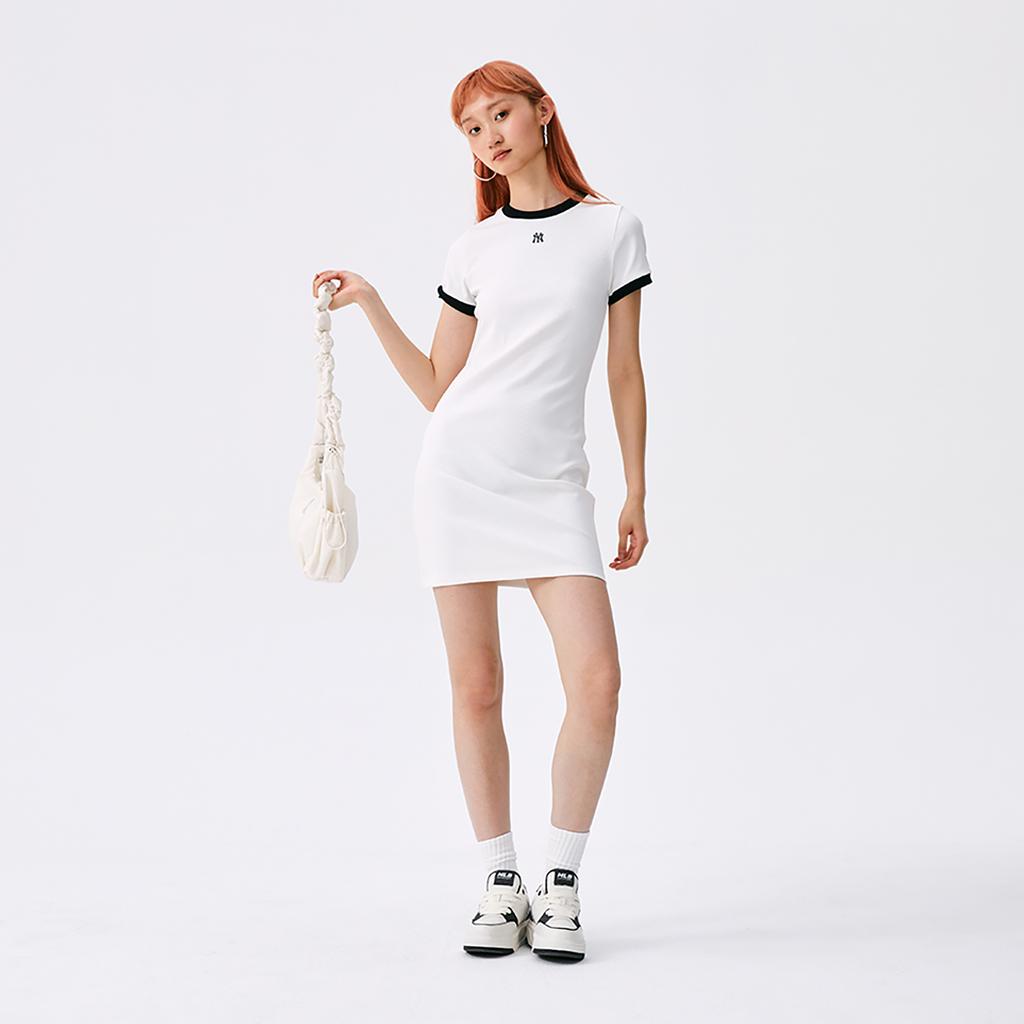 New MLB New York Yankees Basic Collection SS25 Short Sleeved Dress Women's Ivory 3FOPB0453-50IVS