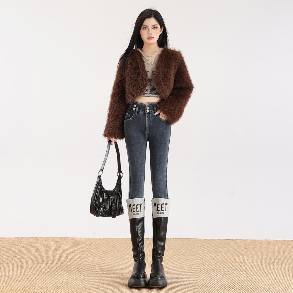 High-Waisted Plus Velvet Skinny Jeans - Slimming Winter Pants for Women XXL