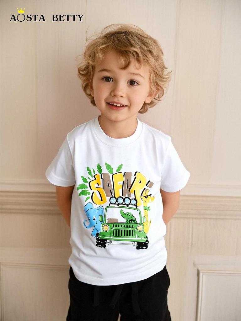 European Style Boys' Round Neck T-Shirt - Summer Creative Print Short Sleeve Top for Kids