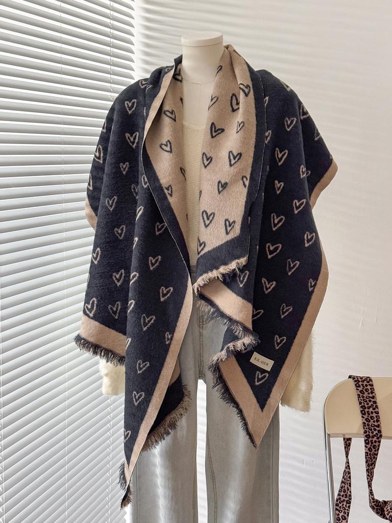 Women & Men Winter Warm Scarf Delicate Love Pattern Faux Cashmere Irregular Cut Double-Sided Neckerchief For Cold Days