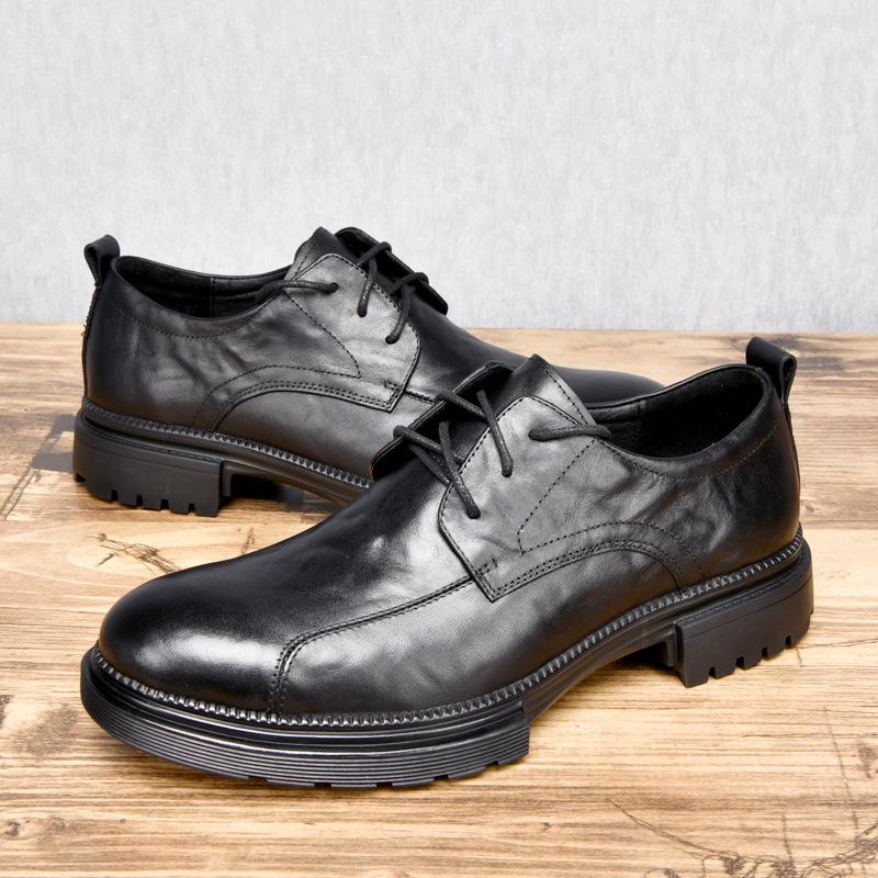 Leather British Style Leather Shoes Breathable Round Head Personalized Lace-Up Blue Trend Platform Men'S Business Single Shoes